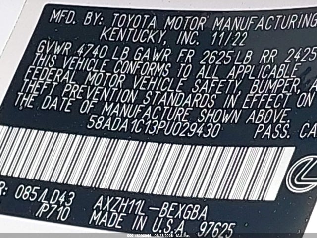 46098966 :رقم المزاد ، 58ADA1C13PU029430 vin ، 2023 Lexus Es 300h مزاد بيع