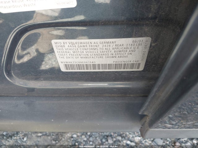 46098969 :رقم المزاد ، WVWAK73C68E061543 vin ، 2008 Volkswagen Passat Komfort مزاد بيع