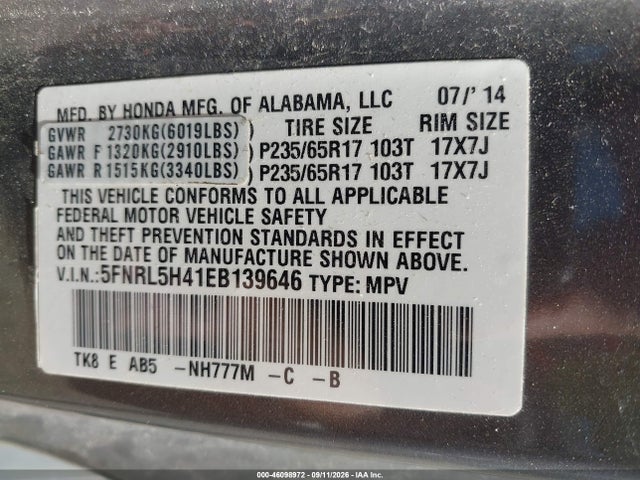46098972 :رقم المزاد ، 5FNRL5H41EB139646 vin ، 2014 Honda Odyssey Ex مزاد بيع