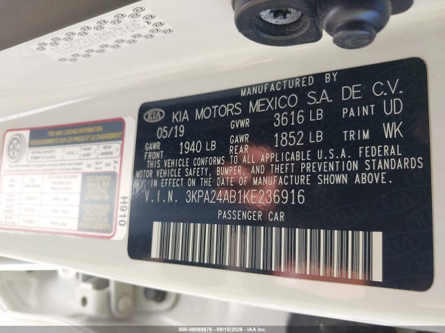 2019 Kia Rio S მანქანა იყიდება აუქციონზე, vin: 3KPA24AB1KE236916, აუქციონის ნომერი: 46098976