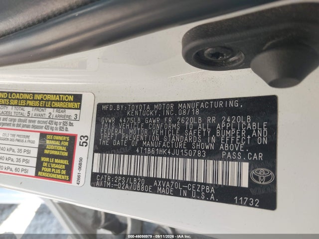 46098979 :رقم المزاد ، 4T1B61HK4JU150783 vin ، 2018 Toyota Camry Xse مزاد بيع
