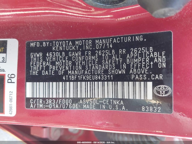 Aukcja sprzedaży 2014 Toyota Camry Le, vin: 4T1BF1FK9EU843311, numer aukcji: 46098980