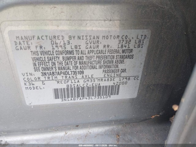 2013 Nissan Sentra Fe+ S მანქანა იყიდება აუქციონზე, vin: 3N1AB7AP4DL735109, აუქციონის ნომერი: 46098982