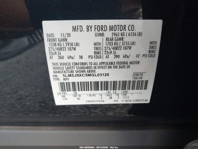 Aukcja sprzedaży 2021 Lincoln Aviator Black Label, vin: 5LM5J9XC5MGL03126, numer aukcji: 46098984
