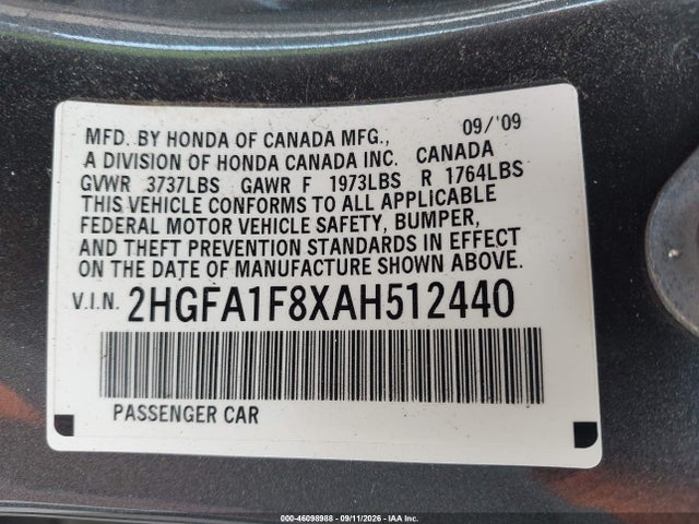 Aukcja sprzedaży 2010 Honda Civic Ex, vin: 2HGFA1F8XAH512440, numer aukcji: 46098988