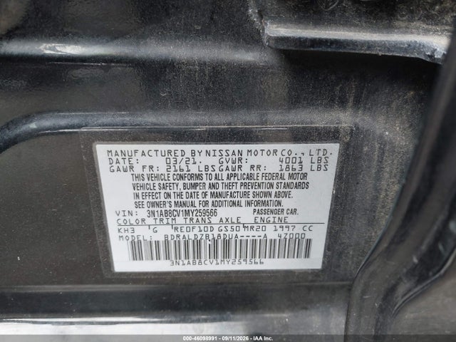 2021 Nissan Sentra Sv Xtronic Cvt მანქანა იყიდება აუქციონზე, vin: 3N1AB8CV1MY259566, აუქციონის ნომერი: 46098991