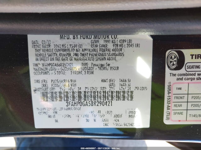 Продаж на аукціоні авто 2011 Ford Fusion S, vin: 3FAHP0GA5BR290421, номер лоту: 46098997