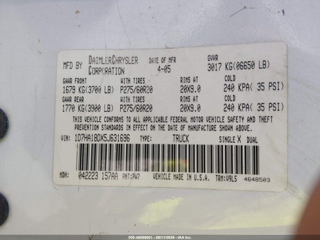 Продаж на аукціоні авто 2005 Dodge Ram 1500 Slt/laramie, vin: 1D7HA18DX5J631696, номер лоту: 46099001