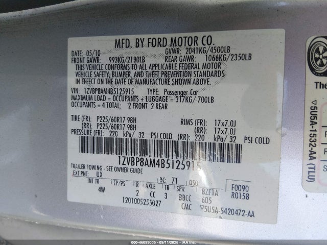 Продаж на аукціоні авто 2011 Ford Mustang V6 Premium, vin: 1ZVBP8AM4B5125915, номер лоту: 46099005