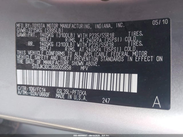 Aukcja sprzedaży 2011 Toyota Sienna Le, vin: 5TDJK3DC3BS005858, numer aukcji: 46099007