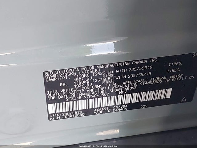 Aukcja sprzedaży 2019 Toyota Rav4 Adventure, vin: 2T3J1RFV7KW043502, numer aukcji: 46099015