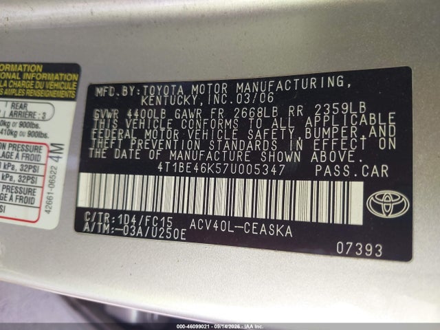 46099021 :رقم المزاد ، 4T1BE46K57U005347 vin ، 2007 Toyota Camry Se مزاد بيع