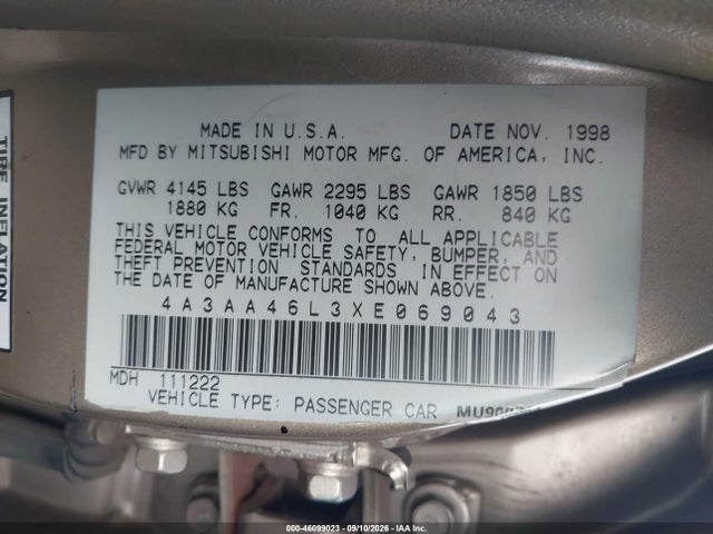 Aukcja sprzedaży 1999 Mitsubishi Galant Es V6/gtz, vin: 4A3AA46L3XE069043, numer aukcji: 46099023