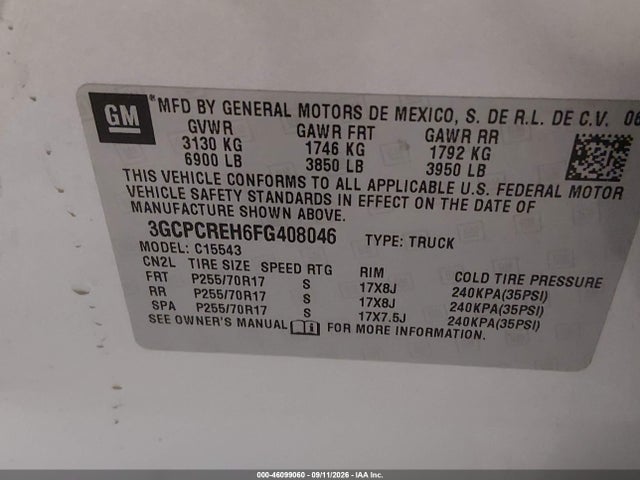 2015 Chevrolet Silverado 1500 1lt მანქანა იყიდება აუქციონზე, vin: 3GCPCREH6FG408046, აუქციონის ნომერი: 46099060