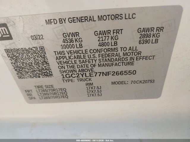 1GC2YLE77NF266550 Chevrolet Silverado 2500hd 4wd Standard Bed Wt