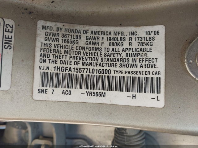 2007 Honda Civic Lx მანქანა იყიდება აუქციონზე, vin: 1HGFA15577L016000, აუქციონის ნომერი: 46099073