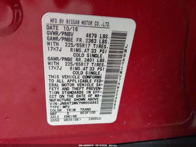 2017 Nissan Rogue S მანქანა იყიდება აუქციონზე, vin: JN8AT2MV7HW004993, აუქციონის ნომერი: 46099076