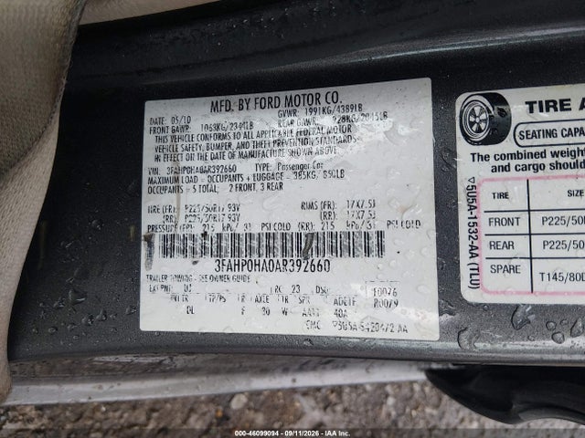 Aukcja sprzedaży 2010 Ford Fusion Se, vin: 3FAHP0HA0AR392660, numer aukcji: 46099094