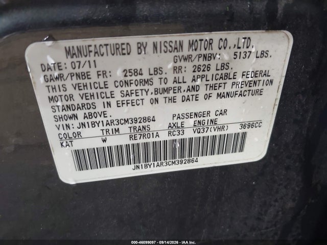 Aukcja sprzedaży 2012 Infiniti M37x, vin: JN1BY1AR3CM392864, numer aukcji: 46099097