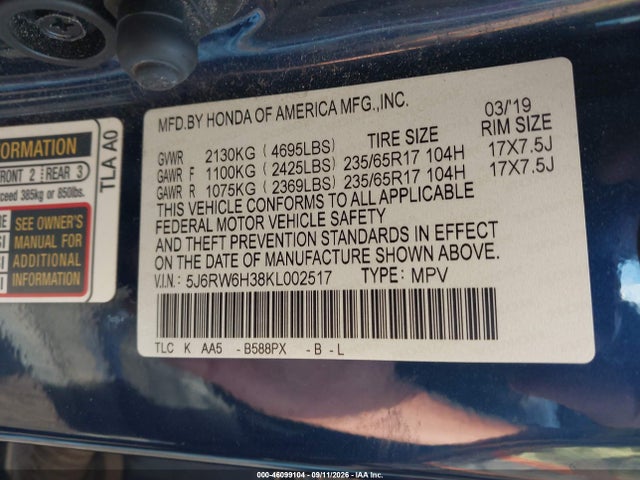 46099104 :رقم المزاد ، 5J6RW6H38KL002517 vin ، 2019 Honda Cr-v Lx مزاد بيع