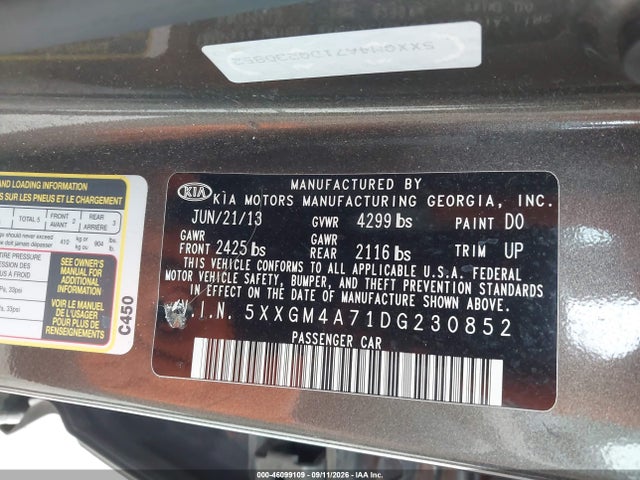 2013 Kia Optima Lx მანქანა იყიდება აუქციონზე, vin: 5XXGM4A71DG230852, აუქციონის ნომერი: 46099109