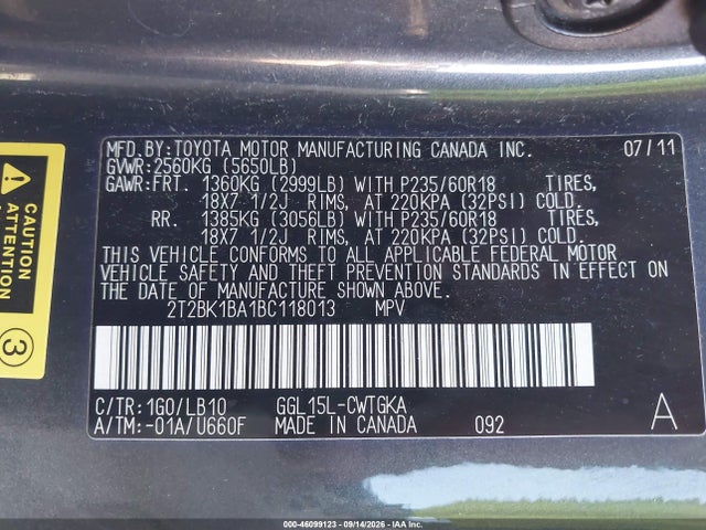 Продаж на аукціоні авто 2011 Lexus Rx 350, vin: 2T2BK1BA1BC118013, номер лоту: 46099123