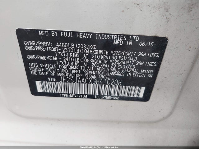 Aukcja sprzedaży 2016 Subaru Forester 2.5i, vin: JF2SJAACXGH410208, numer aukcji: 46099128