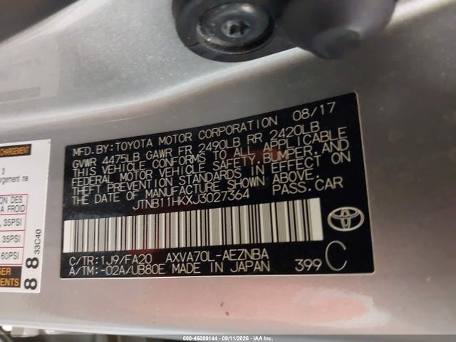 Aukcja sprzedaży 2018 Toyota Camry Le, vin: JTNB11HKXJ3027364, numer aukcji: 46099144