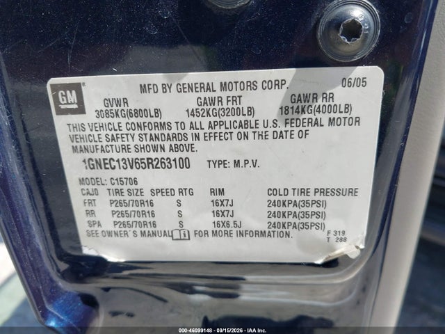 2005 Chevrolet Tahoe Ls მანქანა იყიდება აუქციონზე, vin: 1GNEC13V65R263100, აუქციონის ნომერი: 46099148