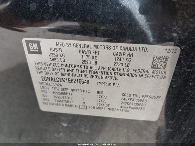 46099161 :رقم المزاد ، 2GNALCEK1E6216548 vin ، 2014 Chevrolet Equinox 2lt مزاد بيع