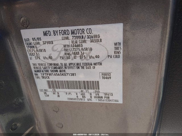 Продажа на аукционе авто 2005 Ford F-150 Fx4/lariat/xlt, vin: 1FTPW14565KE71381, номер лота: 46099164