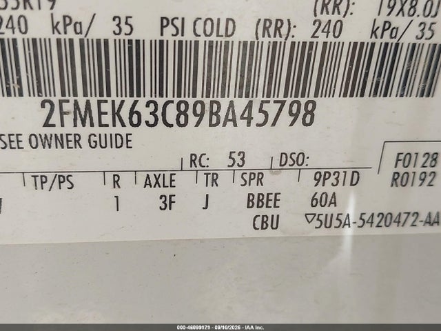 46099171 :رقم المزاد ، 2FMEK63C89BA45798 vin ، 2009 Ford Flex Limited مزاد بيع