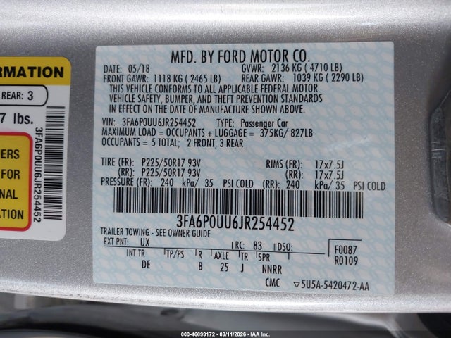 Продажа на аукционе авто 2018 Ford Fusion Hybrid S, vin: 3FA6P0UU6JR254452, номер лота: 46099172