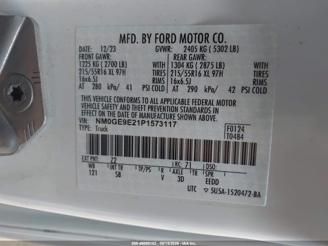 46099182 :رقم المزاد ، NM0GE9E21P1573117 vin ، 2023 Ford Transit Connect Xl Passenger مزاد بيع