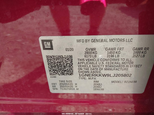 46099184 :رقم المزاد ، 1GNERKKW9LJ205802 vin ، 2020 Chevrolet Traverse Fwd Premier مزاد بيع