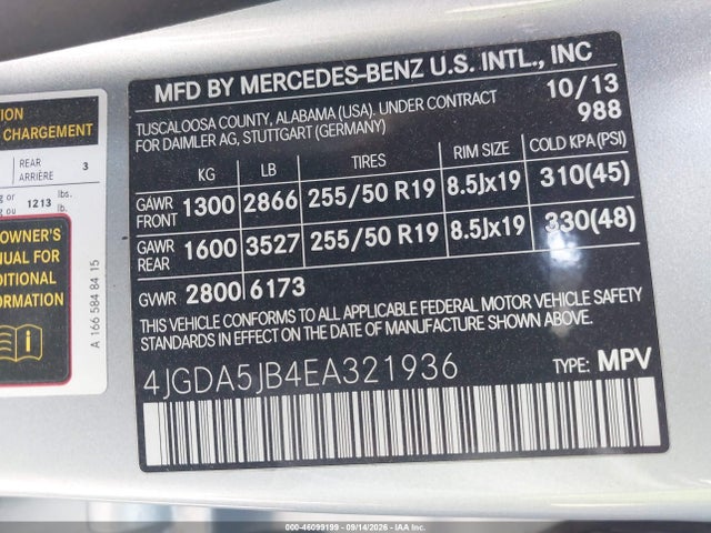 46099199 :رقم المزاد ، 4JGDA5JB4EA321936 vin ، 2014 Mercedes-benz Ml 350 مزاد بيع