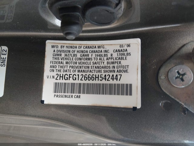 46099209 :رقم المزاد ، 2HGFG12666H542447 vin ، 2006 Honda Civic Lx مزاد بيع