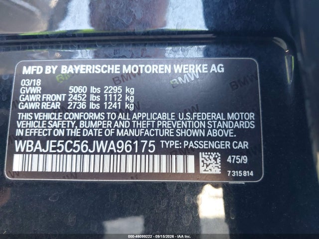 Aukcja sprzedaży 2018 Bmw 540i, vin: WBAJE5C56JWA96175, numer aukcji: 46099222