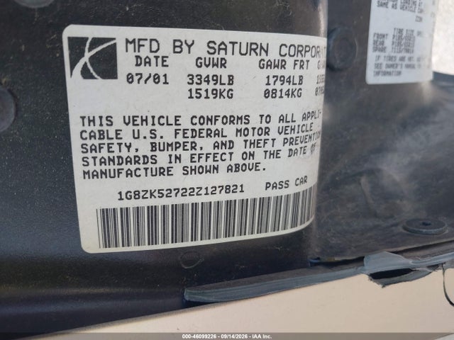 2002 Saturn S-series Sl2 მანქანა იყიდება აუქციონზე, vin: 1G8ZK52722Z127821, აუქციონის ნომერი: 46099226