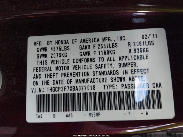 Aukcja sprzedaży 2011 Honda Accord 3.5 Ex, vin: 1HGCP3F7XBA022018, numer aukcji: 46099231