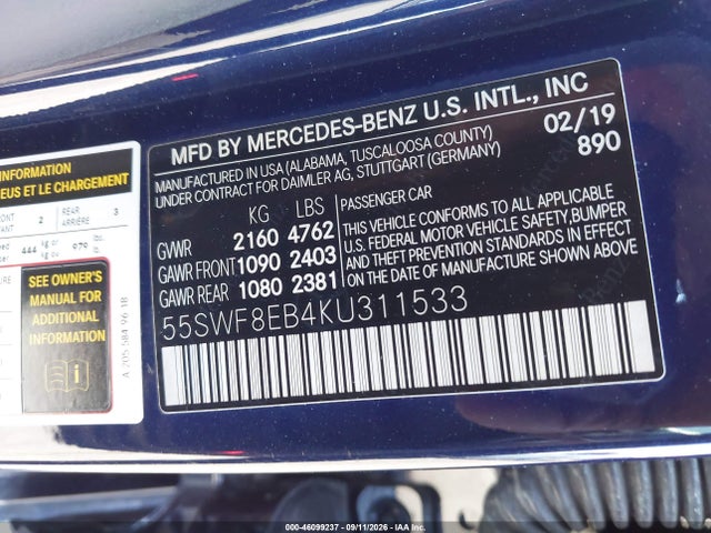 46099237 :رقم المزاد ، 55SWF8EB4KU311533 vin ، 2019 Mercedes-benz C 300 4matic مزاد بيع