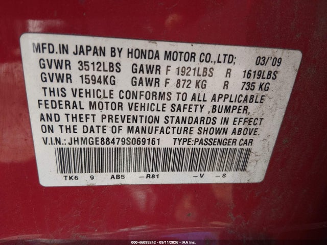 46099242 :رقم المزاد ، JHMGE88479S069161 vin ، 2009 Honda Fit Sport مزاد بيع