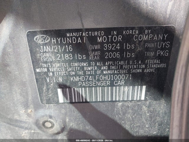 Auction sale of the 2017 Hyundai Elantra Se, vin: KMHD74LF0HU100071, lot number: 46099243