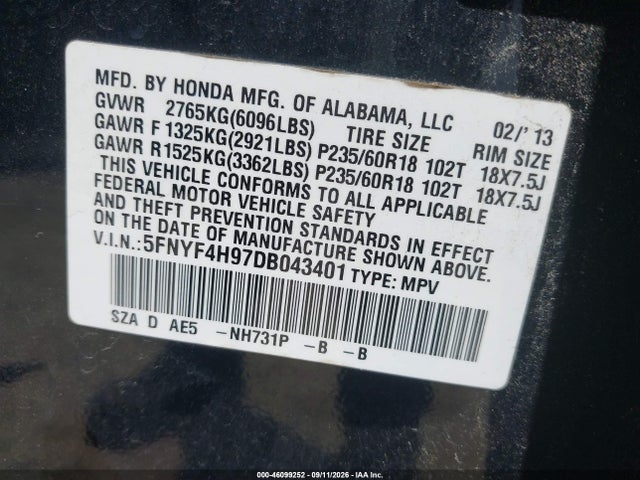 Продажа на аукционе авто 2013 Honda Pilot Touring, vin: 5FNYF4H97DB043401, номер лота: 46099252