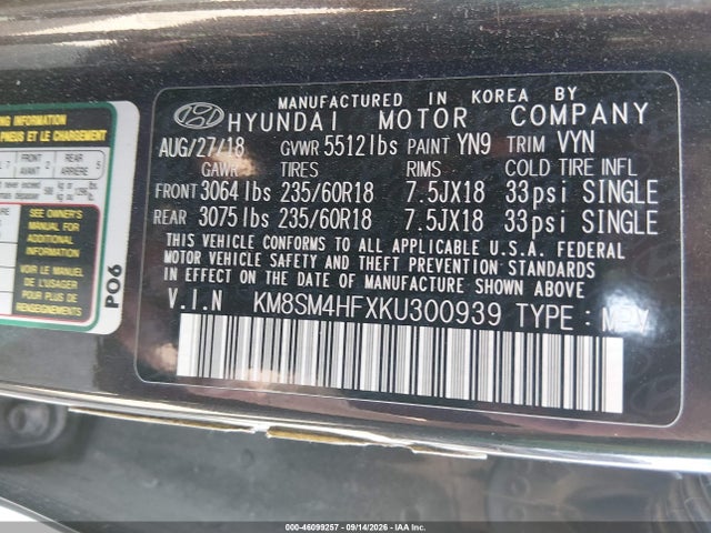 Продаж на аукціоні авто 2019 Hyundai Santa Fe Xl Se, vin: KM8SM4HFXKU300939, номер лоту: 46099257