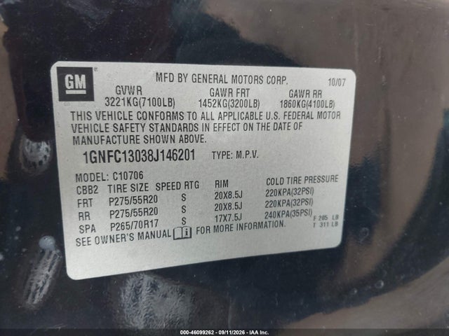 46099262 :رقم المزاد ، 1GNFC13038J146201 vin ، 2008 Chevrolet Tahoe Lt مزاد بيع