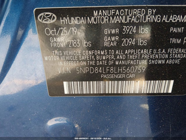 Aukcja sprzedaży 2020 Hyundai Elantra Sel, vin: 5NPD84LF8LH560759, numer aukcji: 46099281