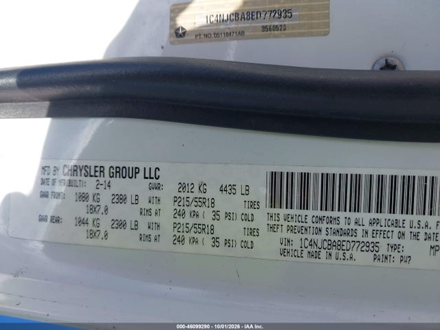 Aukcja sprzedaży 2014 Jeep Compass Altitude, vin: 1C4NJCBA8ED772935, numer aukcji: 46099290