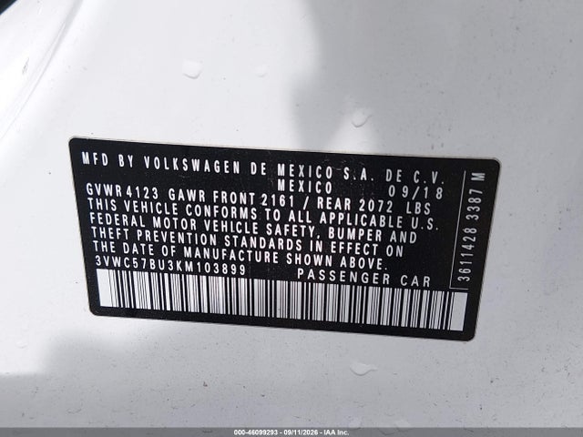 Продажа на аукционе авто 2019 Volkswagen Jetta 1.4t R-line/1.4t S/1.4t Se, vin: 3VWC57BU3KM103899, номер лота: 46099293