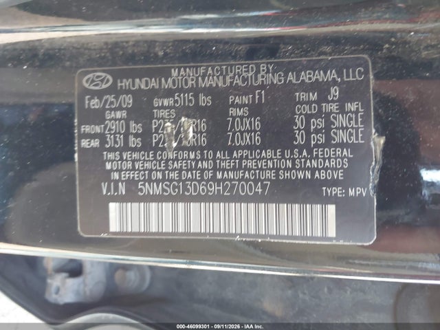 46099301 :رقم المزاد ، 5NMSG13D69H270047 vin ، 2009 Hyundai Santa Fe Gls مزاد بيع